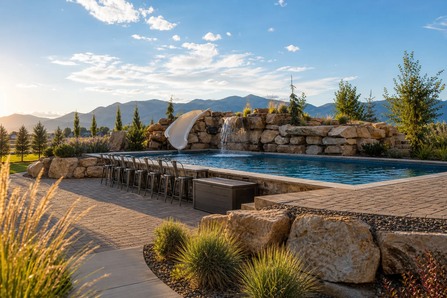 Northern Utah backyard pool with a slide and mountain views