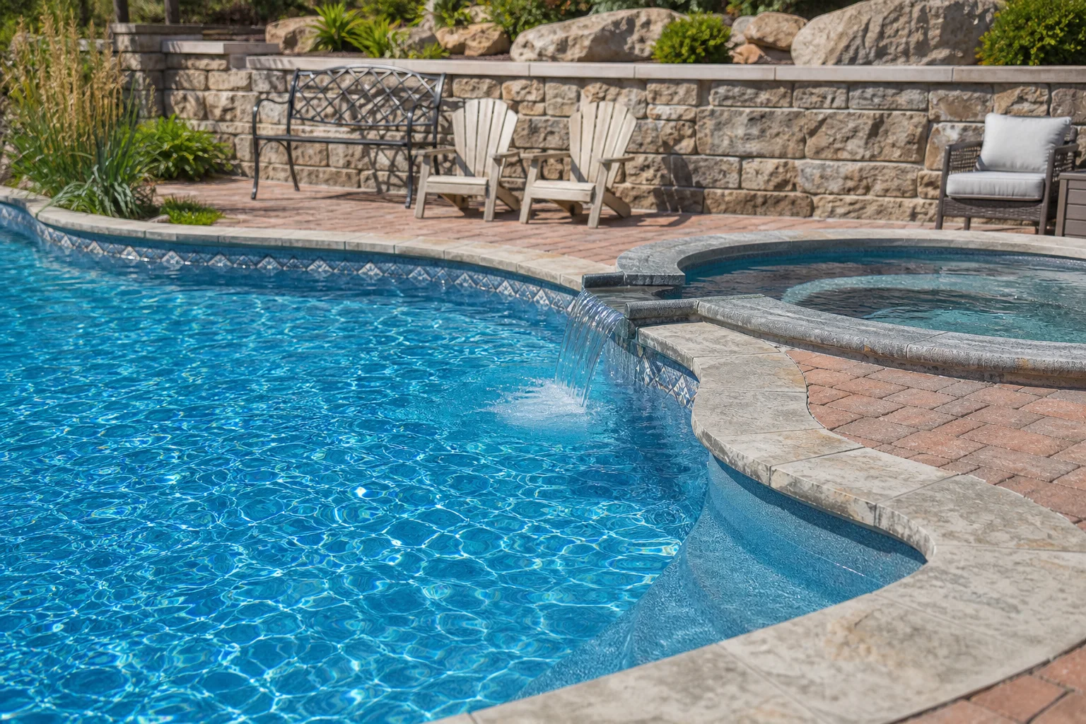 Pool and attached spa with bright blue water
